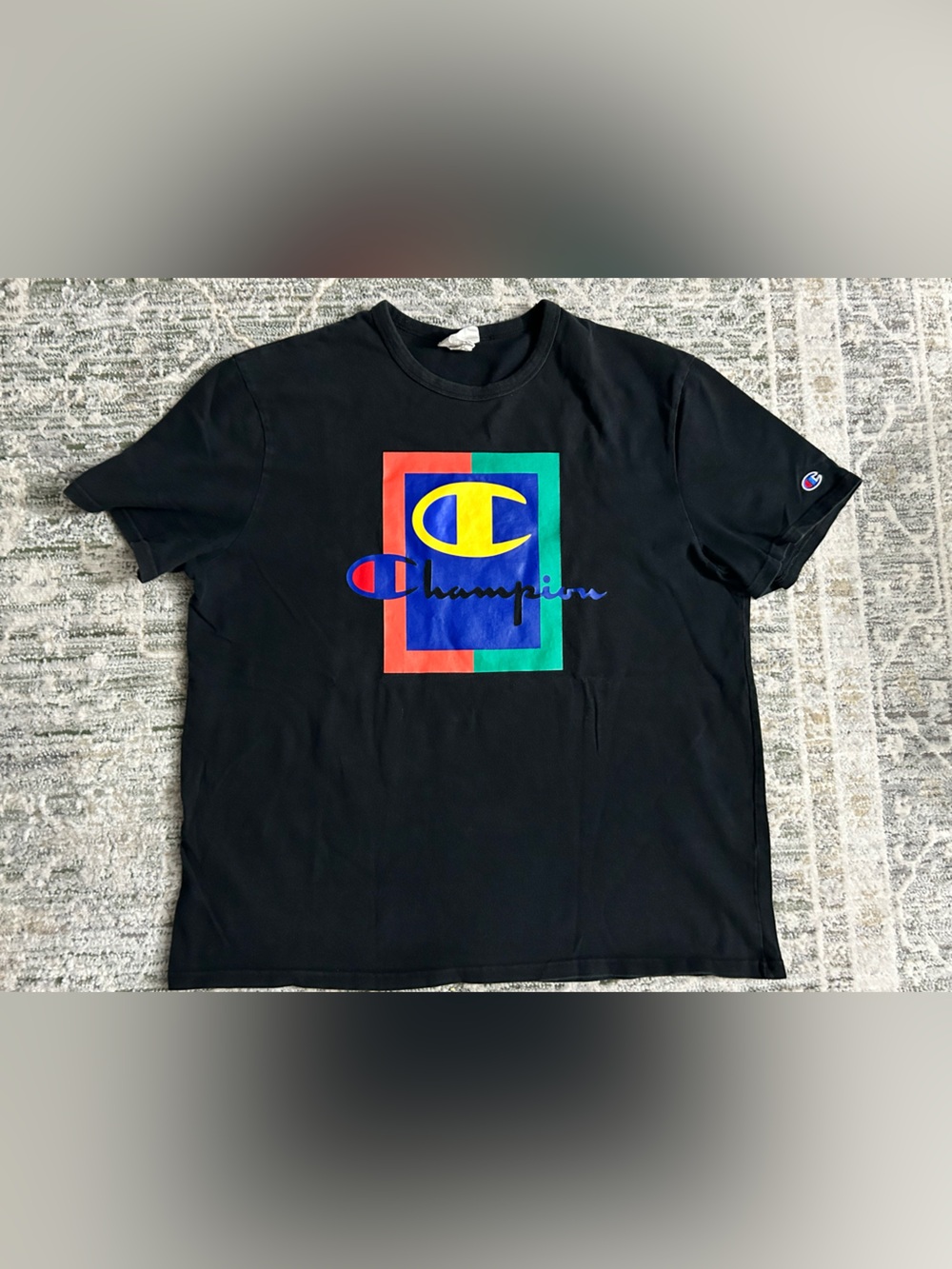 Champion Black Short Sleeve Tee with Multicolor Logo Block